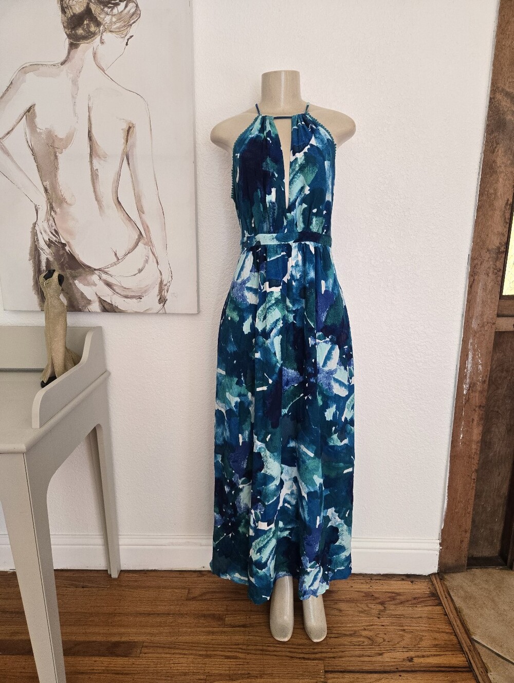 NWT Sofia Jeans By Sofia Vergara Sleeveless Blue Teal Halter Maxi Dress Size XL